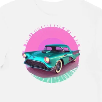 Koszulka męska biała z grafiką zabytkowego auta Teal Thunderbird