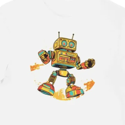 Koszulka męska biała z grafiką złotego robota retro