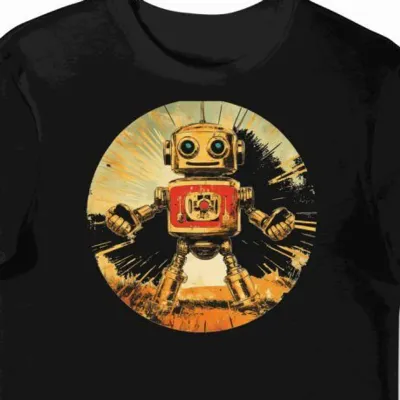 Koszulka męska czarna z motywem złotego retro robota