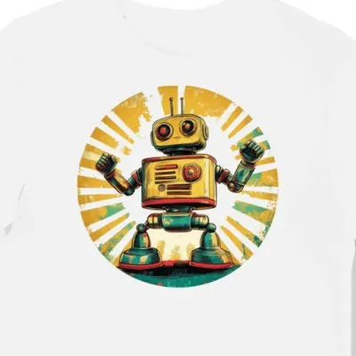 Koszulka męska biała z nadrukiem retro złotego robota