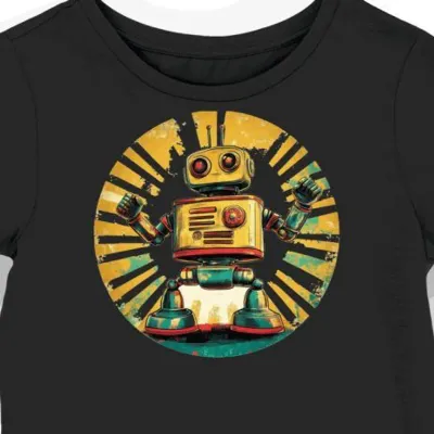 Koszulka damska czarna z motywem złotego robota retro