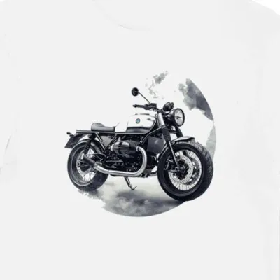 Koszulka męska biała z motywem nowoczesnej maszyny Moto Guzzi