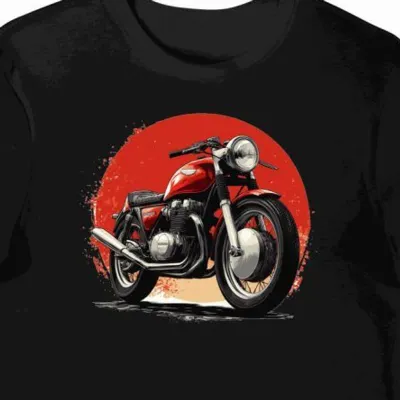 Koszulka męska czarna z grafiką klasycznego motocykla w czerwieni