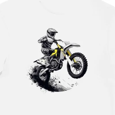 Koszulka męska biała z dynamicznym skokiem motocykla