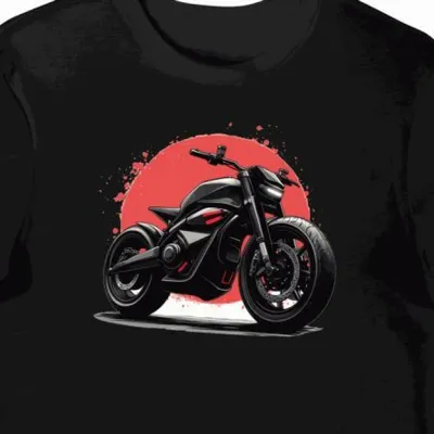 Koszulka męska czarna z futurystycznym wzorem motocykla