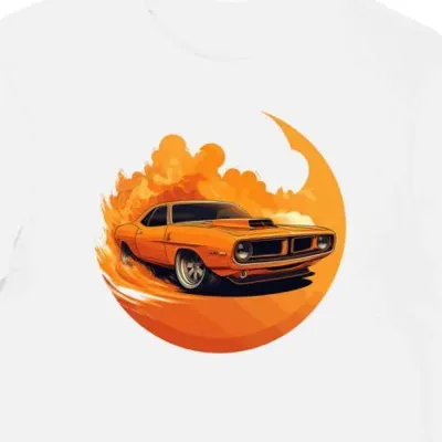 Koszulka męska biała z motywem futurystycznego Plymouth Barracuda