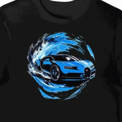 Koszulka męska czarna z motywem tajemniczego rajdu Bugatti Chiron