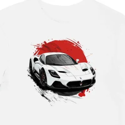 Koszulka męska biała z artystycznym wzorem Maserati MC20