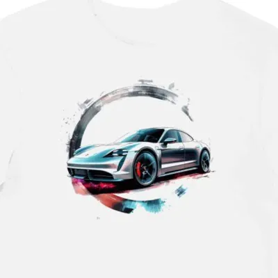 Koszulka męska biała z Futurystycznym Porsche Taycan Turbo S