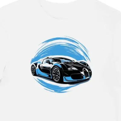Koszulka męska biała z motywem sportowego samochodu Bugatti