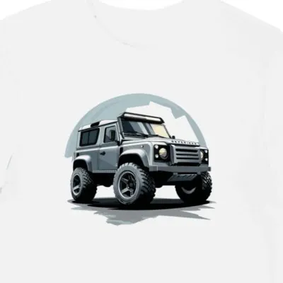 Koszulka męska biała z futurystycznym SUV-em Defender