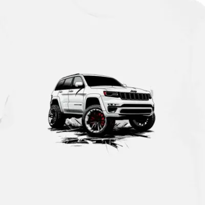 Koszulka męska biała z Jeepem Grand Cherokee w dynamicznym stylu