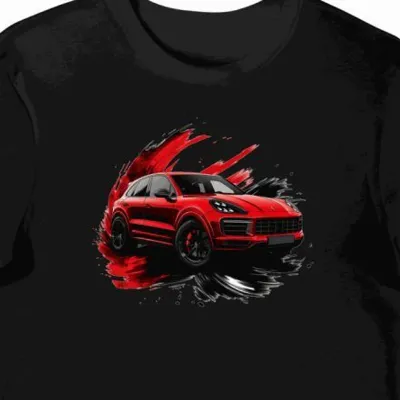Koszulka męska czarna z dynamicznym SUV-em Porsche Cayenne