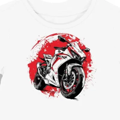 Koszulka damska biała z dynamicznym motywem motocykla wyścigowego