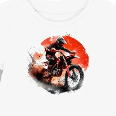 Koszulka damska biała z artystycznym motywem motocykla w kurzawie