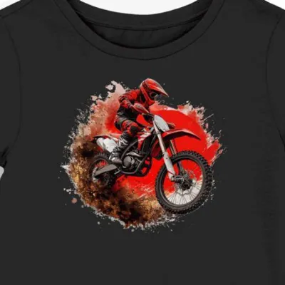 Koszulka damska czarna z artystycznym motywem wyścigowego motocykla