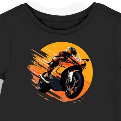 Koszulka damska czarna z dynamicznym motywem wyścigowego motocykla