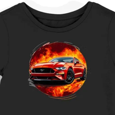 Koszulka damska czarna z motywem Ford Mustang GT w ogniu