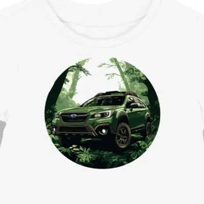 Koszulka damska biała z motywem Subaru Outback w naturze