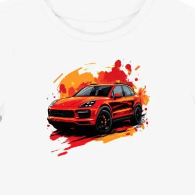 Koszulka damska biała z dynamicznym SUV-em Porsche