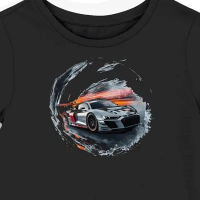 Koszulka damska czarna z dynamicznym motywem wyścigowego Audi