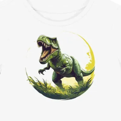 Koszulka damska biała z nadrukiem zielonego T-Rexa ryczącego w płomieniach