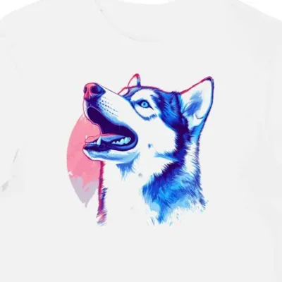 Koszulka męska biała z nadrukiem białego syberyjskiego husky z niebieskimi oczami