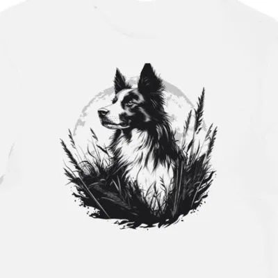 Koszulka męska biała z motywem border collie w tajemniczym polu