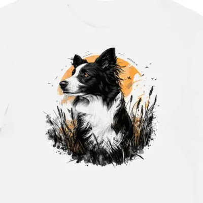 Koszulka męska biała z nadrukiem border collie na łące