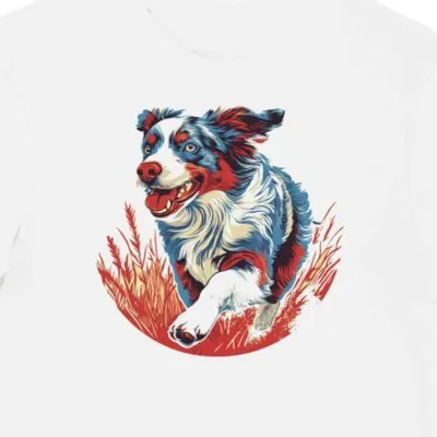 Koszulka męska biała z motywem Australian Shepherd w ruchu