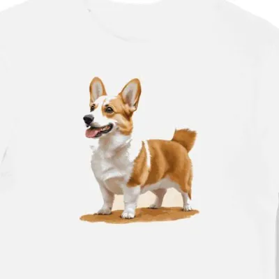 Koszulka męska biała z motywem corgi w słońcu