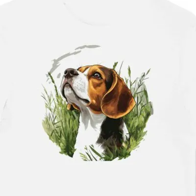 Koszulka męska biała z motywem beagle na łące