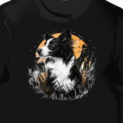 Koszulka męska czarna z nadrukiem border collie na łące