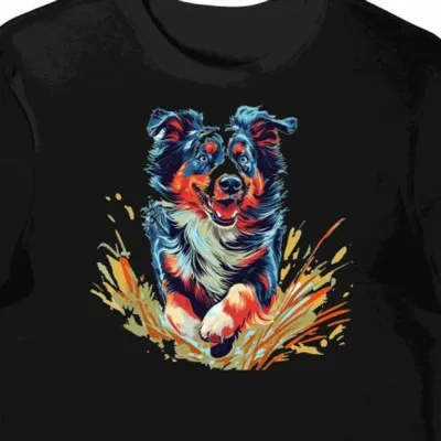 Koszulka męska czarna z nadrukiem biegający Australian Shepherd merle w naturze