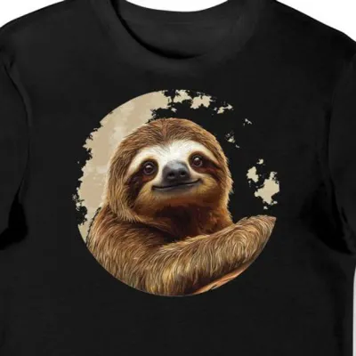 Koszulka męska czarna z motywem leniwca na neutralnym tle