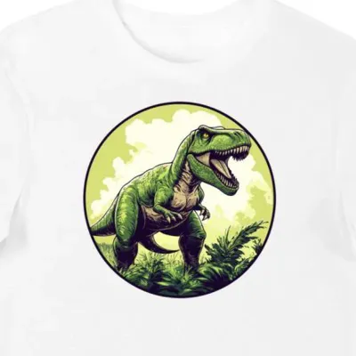 Koszulka męska biała z motywem zielonego dinozaura w ogniu