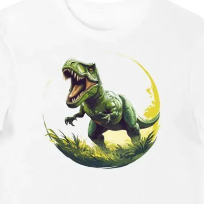Koszulka męska biała z nadrukiem zielonego T-Rexa ryczącego w płomieniach