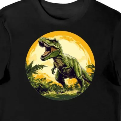 Koszulka męska czarna z motywem zielonego T-Rexa ryczącego w ogniu