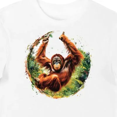 Koszulka męska biała z motywem rudego orangutana w dżungli