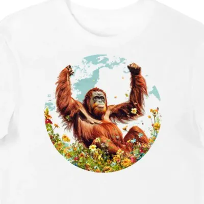 Koszulka męska biała z nadrukiem orangutana na tle dżungli