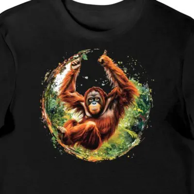 Koszulka męska czarna z motywem rudego orangutana w dżungli