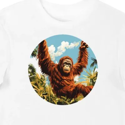 Koszulka męska biała z nadrukiem orangutana w dżungli