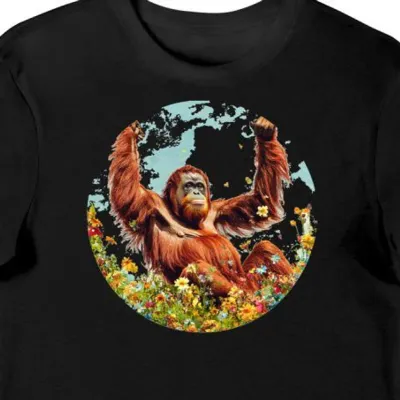 Koszulka męska czarna z nadrukiem orangutana na tle dżungli