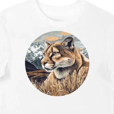 Koszulka męska biała z motywem puma na górskim tle