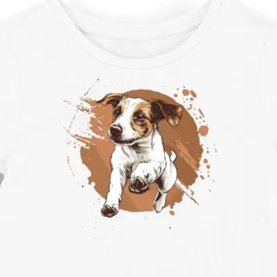 Koszulka damska biała z nadrukiem skaczącego Jack Russella w bieli i brązie