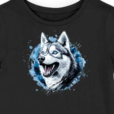 Koszulka damska czarna z motywem syberyjskiego husky w bieli