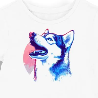 Koszulka damska biała z motywem syberyjskiego husky z niebieskimi oczami