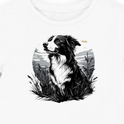 Koszulka damska biała z motywem border collie na tle mistycznego pola