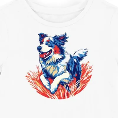 Koszulka damska biała z motywem psa rasy Australian Shepherd merle i czerwony łatek.