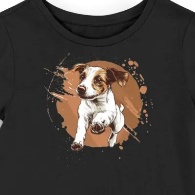 Koszulka damska czarna z nadrukiem skaczącego Jack Russella w bieli i brązie